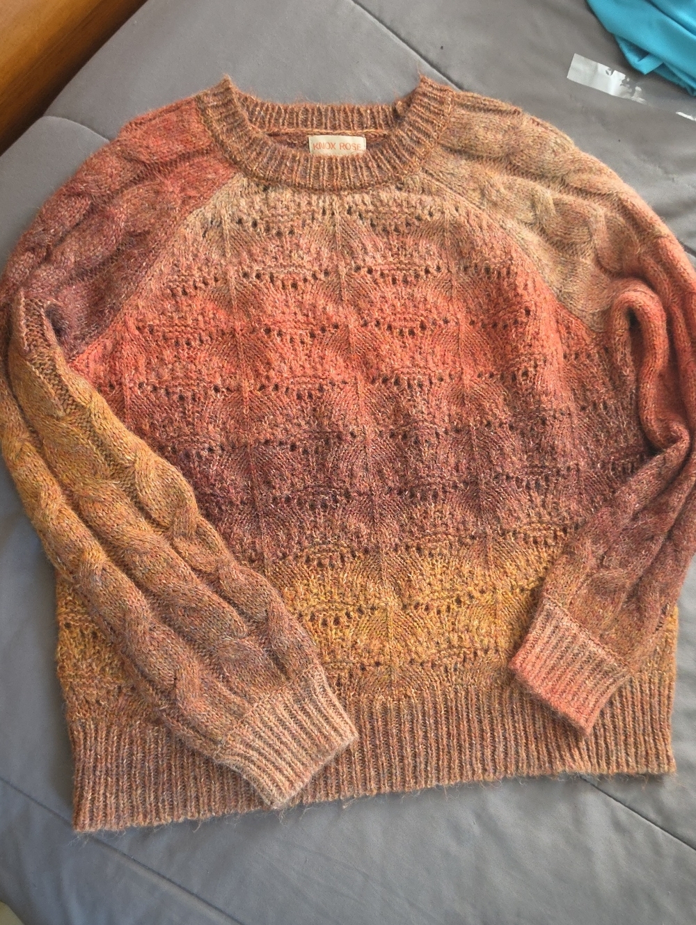 Knox Rose Ombré Cable Sleeve Crewneck Sweater in Rust and Mustard